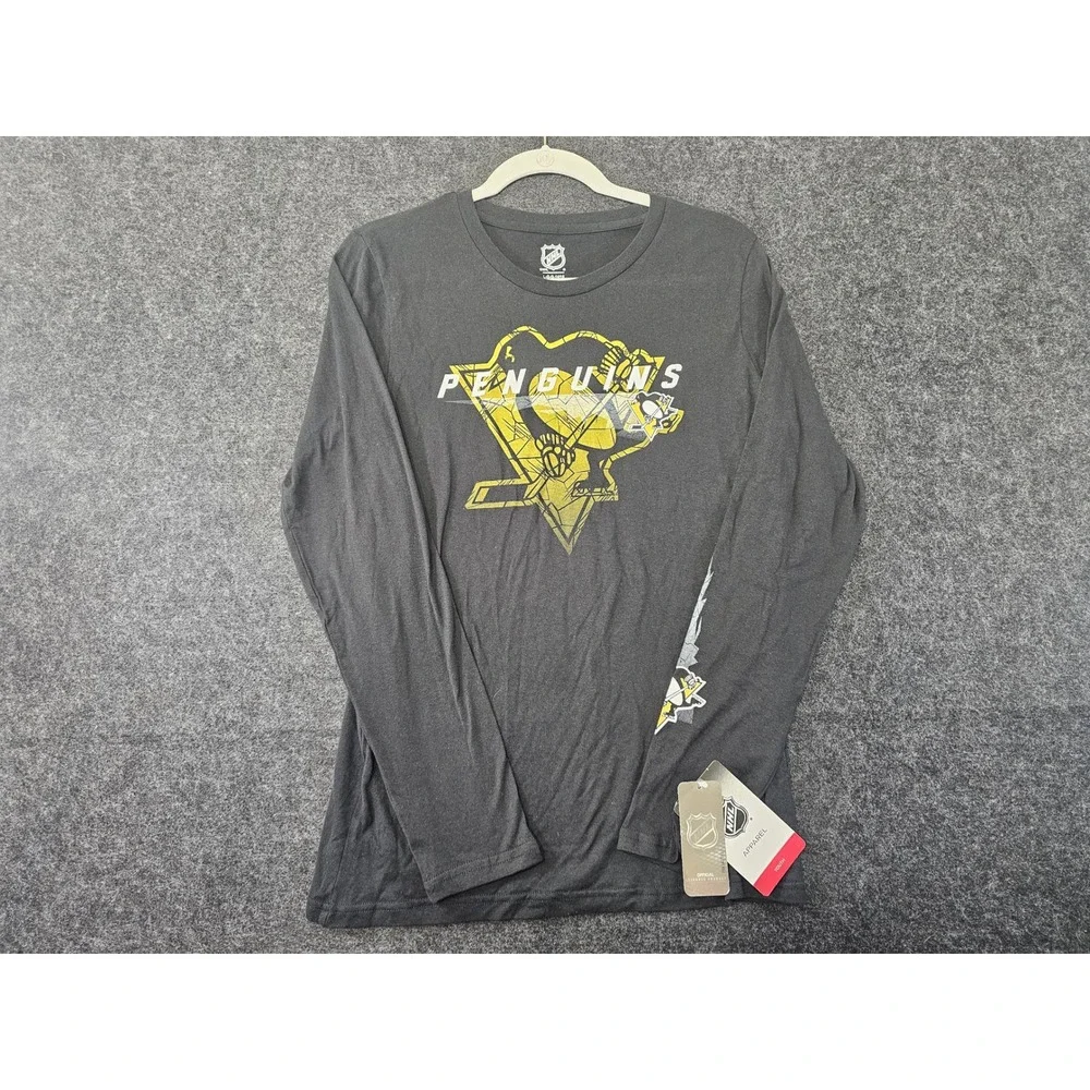 NHL Pittsburgh Penguins Long Sleeve Shirt Kids L 14/16 Black Graphic Tee NWT New